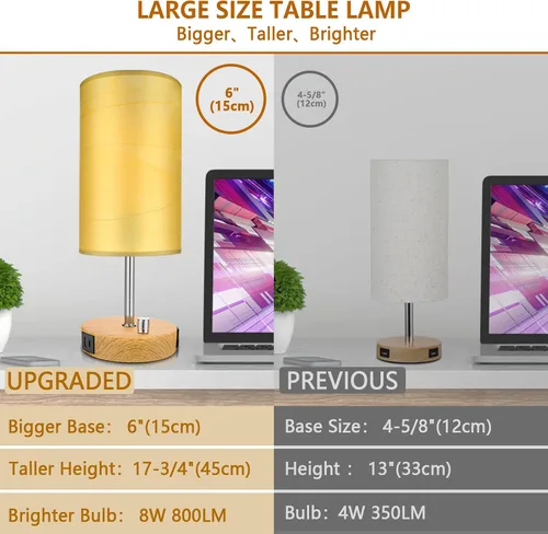Miniatura 5 de HiBay Lámpara de mesita de noche regulable de 17.75 pulgadas con estación de carga, 2 puertos USB y salida de CA, luz rústica de grano de madera