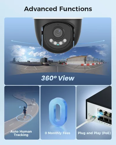 Miniatura 3 de 【4K HD + vista de 360°】 Sistema de cámara de seguridad Hiseeu 4K PoE, 6 cámaras de seguridad con cable PTZ de 8MP para exteriores e interiores