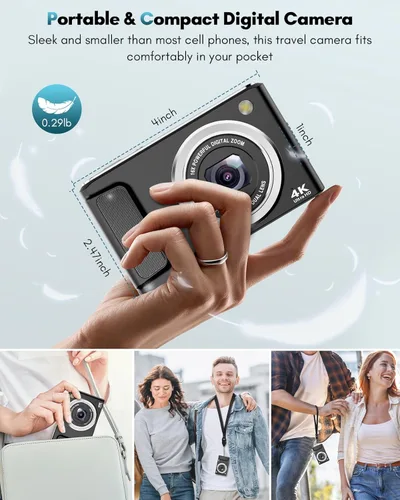 Miniatura 5 de Cámara digital 4K, cámaras de enfoque automático de 48 MP para fotografía, cámara compacta de vlogging con cámara frontal y trasera, cámaras de Negro