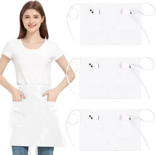 Miniatura 21 de Paquete de 3 delantales de cintura con 3 bolsillos, delantales de camarero unisex negros, delantales resistentes al agua para restaurante, chef y bar