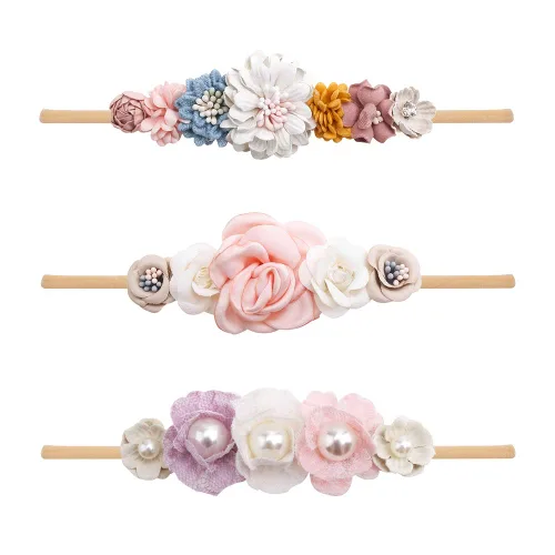 Miniatura 24 de Diademas de flores de nailon para bebé niña, con moños de flores, accesorios elásticos para el cabello, corona, envolturas florales hechas a mano