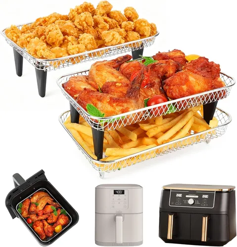 Miniatura 10 de BYKITCHEN Estante para freidora de aire Ninja 8 QT DZ201/SL201 DualZone Airfryer/Bella 4QT Slim Airfryer & More, 3 piezas apilables de acero