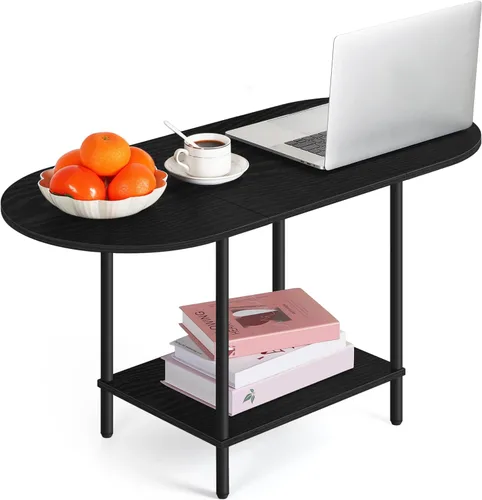 Miniatura 3 de OYEAL Mesa de Café Negra para Sala de Estar, Mesa Central Pequeña de 2 Niveles Ovalada, Mesa de Té Redonda de Granja de Media Siglo con Estante