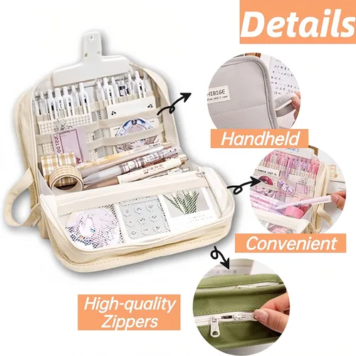 Miniatura 3 de Estuche para lápices y bolígrafos de gran capacidad con 9 compartimentos, multiranura, bolsa organizadora duradera, mango de fácil agarre, Gris