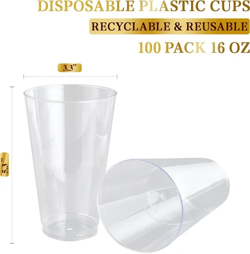 Miniatura 7 de FOCUSLINE Paquete de 100 vasos de plástico transparente de 16 onzas, vasos desechables grandes reutilizables de plástico, vasos duros transparentes