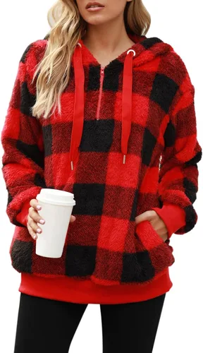Miniatura 2 de Nirovien - Sudadera con capucha para mujer, sherpa, sin botones, de gran tamaño, mullida, de vellón doble, abrigada, suave, a cuadros