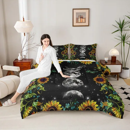 Miniatura 21 de Juego de edredón de champiñones para niños, tamaño individual, juego de ropa de cama romántica con sol, luna, cielo estrellado y galaxia, decoración