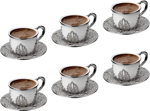 Juego de 6 tazas de café | Lujosas tazas de porcelana hechas a mano de 18 piezas con platillos de metal y portavasos extraíbles | Juego de tazas de