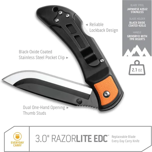 Miniatura 8 de OUTDOOR EDGE Cuchillo EDC RazorLite de 3.0 pulgadas, cuchillo plegable EDC con hojas reemplazables y clip, apertura con una mano para portabilidad