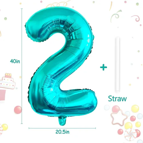 Miniatura 2 de Globo de 40 pulgadas, color azul turquesa número 2, globos de helio de Mylar de papel de aluminio de dígitos de gran tamaño para baby shower, fiesta