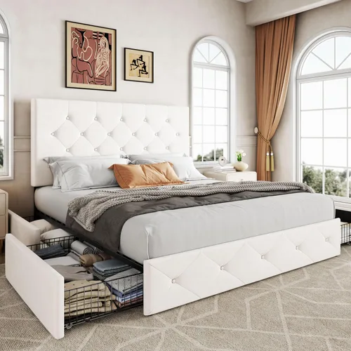 Miniatura 23 de Allewie Base de cama con plataforma tapizada tamaño Queen con 4 cajones de almacenamiento y cabecero, acolchado con botones de costura
