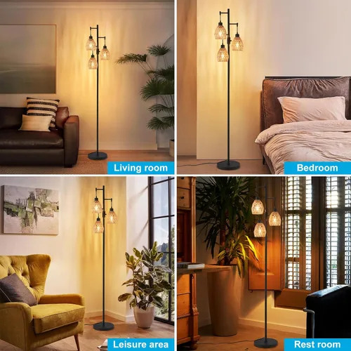 Miniatura 6 de Lámpara de pie de ratán bohemio para sala de estar, lámpara de pie regulable de 70 pulgadas con pantalla de jaula, lámparas de pie industriales