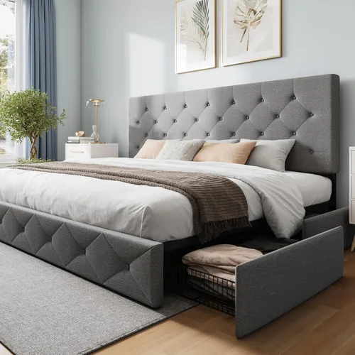 Miniatura 20 de WEEWAY Base de cama de plataforma tamaño Queen con 4 cajones de almacenamiento, cabecera capitonada con botones de puntada cuadrada, base de colchón