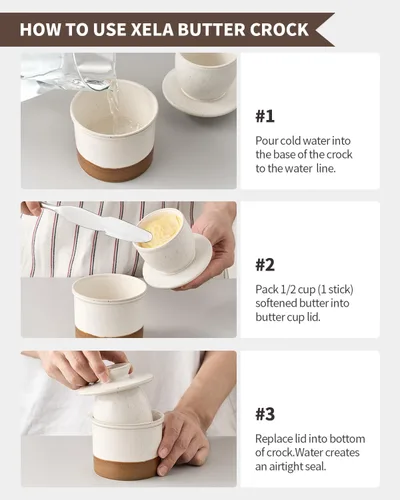 Miniatura 6 de XELA Ceramic Butter Crock, el esmalte reactivo original de dos colores, plato de mantequilla con línea de agua para untar mantequilla fresca - Latte