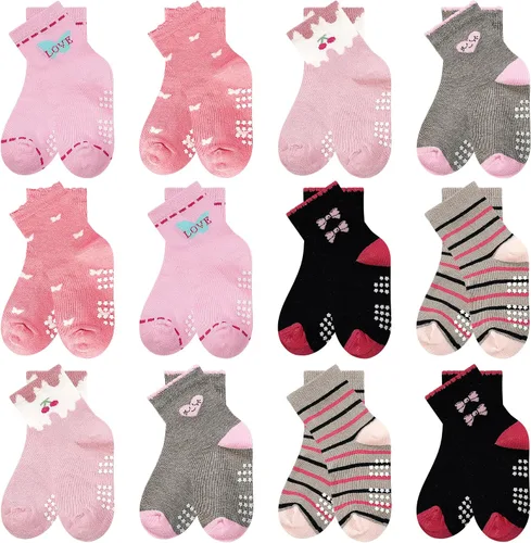 Calcetines antideslizantes para niñas pequeñas, calcetines de agarre antideslizantes, 12 pares con divertidos patrones para niñas de 1 a 7 años