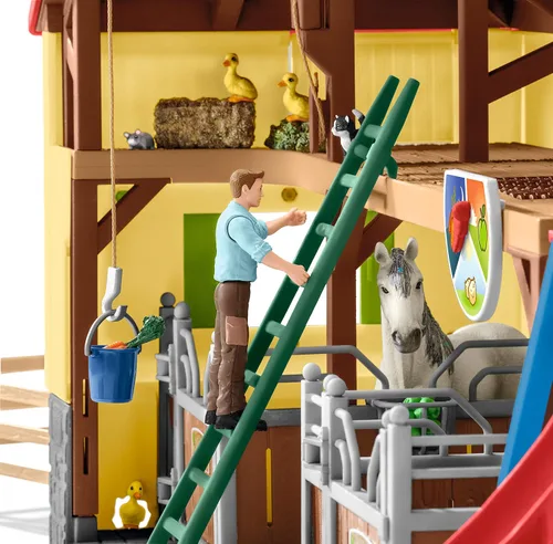 Miniatura 6 de Schleich FARM WORLD - Juego de 82 piezas de establo de caballos con figuras de granjero, caballo y jinete, juegos funcionales de granero y establo