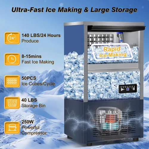 Miniatura 4 de Máquina comercial para hacer hielo con 2 opciones de entrada de agua, contenedor de almacenamiento de 40 libras, máquina de hielo integrada de 140