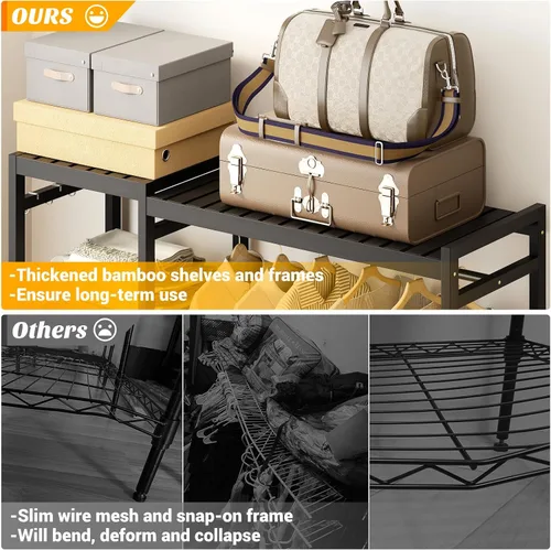 Miniatura 6 de Homykic Perchero de bambú para colgar ropa, perchero resistente con estantes ajustables de 7 niveles, varillas dobles, 4 ganchos, sistema de armario