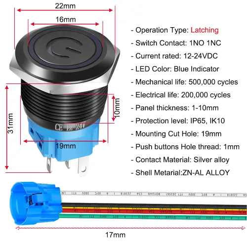 Miniatura 4 de Gebildet Interruptor de botón de enclavamiento de 19 mm, 12V-24V/5A, de acero inoxidable, con símbolo de alimentación, LED 1NO1NC SPDT ON Off