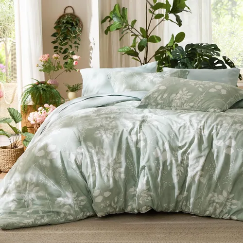 Bedsure Juego de ropa de cama con edredón tamaño individual de 5 piezas, diseño floral, color verde salvia suave, con edredón, sábanas, funda de