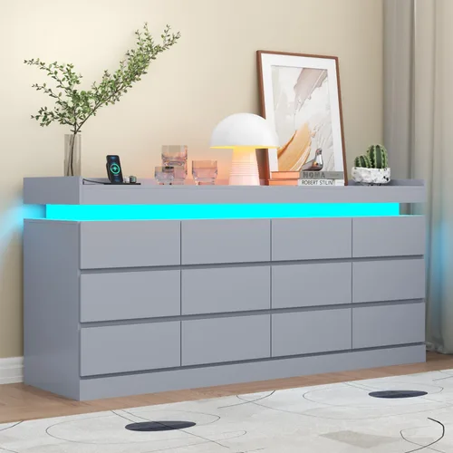Miniatura 12 de Gyfimoie Cómoda de 9 cajones con toma de corriente, cómoda con luz LED, cómoda moderna para armario, gabinete organizador de cajones doble ancho