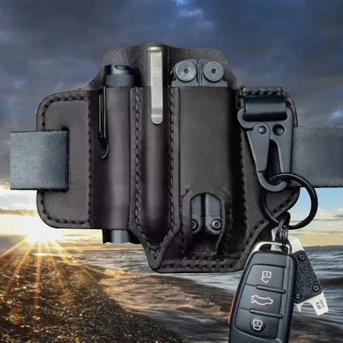 Miniatura 3 de Amorr Funda multiherramienta de cuero para cinturón, organizador de bolsillo EDC con soporte para llaves, cinturón de almacenamiento, bolsa de Negro