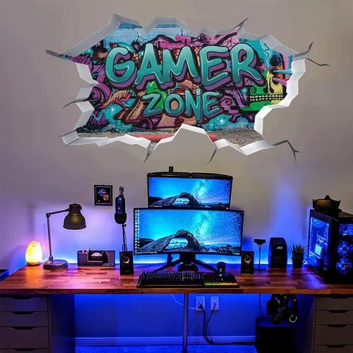 Miniatura 2 de TOARTI Calcomanías de pared de juegos 3D, calcomanías de pared de juegos para habitación de niños, zona de jugadores, papel tapiz de videojuegos