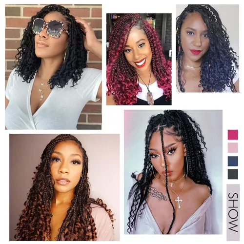 Miniatura 7 de Goddess Box Braids - Cabello de ganchillo con extremos rizados de 16 pulgadas, trenzas de caja bohemias de ganchillo, 8 paquetes, trenzas