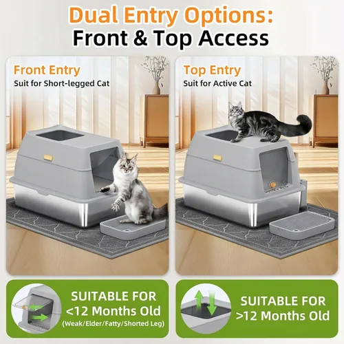 Miniatura 4 de Caja de arena de acero inoxidable con tapa, caja de arena para gatos de entrada frontal y salida superior, caja de metal cerrada extragrande