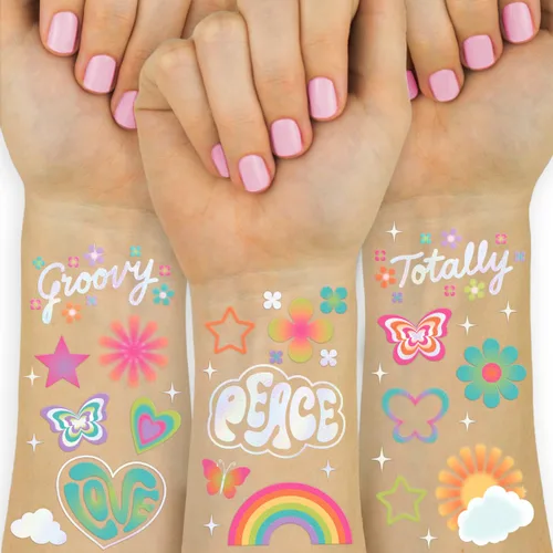 xo, Fetti Tatuajes temporales Groovy Rainbow – 68 piezas de papel de aluminio iridiscente | Accesorio de cumpleaños de los años 70, recuerdo de
