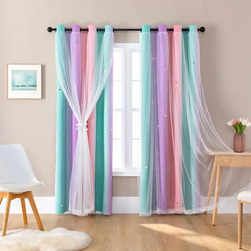 Miniatura 15 de XiDi Cortinas opacas con estrellas para habitaciones de niños, cortinas verdes para ventana de dormitorio de niños, azul y gris, 52 pulgadas de Azul