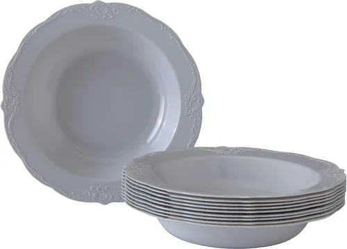 Miniatura 3 de SILVER SPOONS Platos de sopa desechables de diseño vintage para fiesta (10 unidades) Juego de vajilla desechable resistente de 12 onzas, platos