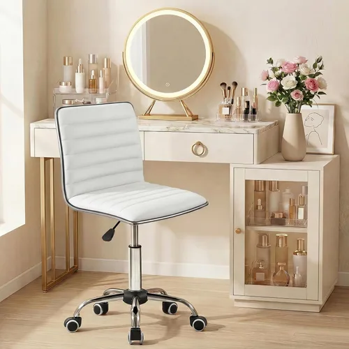 JUMMICO Silla de oficina de tocador sin brazos con ruedas, pequeña y bonita silla de escritorio de maquillaje de cuero acanalado giratoria para