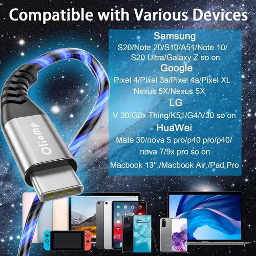 Miniatura 6 de Cable LED USB C a C de 6 pies 60 W 3A de carga rápida para iPhone15/15Pro/15Plus/15ProMax/iPad Pro2022/Air, Samsung S23 (azul)