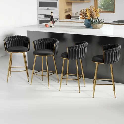Miniatura 32 de ABET Taburete de Bar Dorado 1UN, Taburetes Giratorios de Terciopelo, Taburetes de Altura Ajustable con Respaldo Tejido, Taburetes de Cocina Modernos