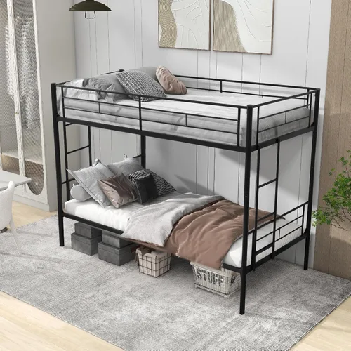 Miniatura 7 de EMKK Litera de metal individual sobre cama individual con nido para 3 niños/adultos, litera convertible con 2 escaleras laterales y barandilla