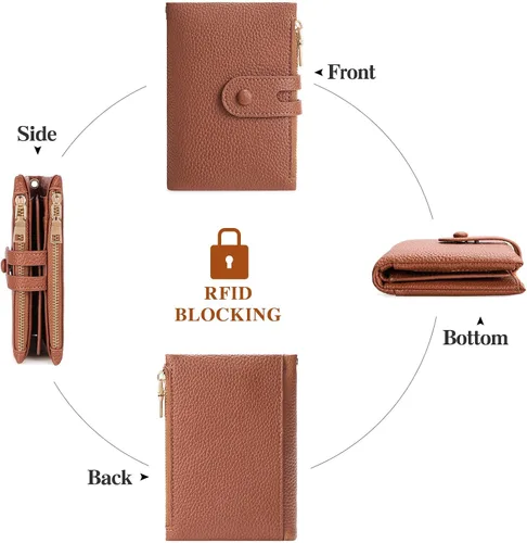 Miniatura 5 de FALAN MULE Cartera pequeña de cuero para mujer, con bloqueo RFID, tarjetero plegable con bolsillos dobles con cremallera, Marrón claro