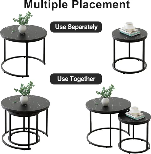 Miniatura 7 de aboxoo Mesa de Centro Redonda Anidable Juego Lateral de 2 Mesas Auxiliares para Sala de Estar Dormitorio Balcón, Mesa de Madera de Mármol Sintético