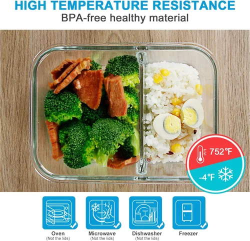 Miniatura 4 de DAS TRUST Paquete de 3 recipientes de almacenamiento de alimentos, 2 compartimentos, recipientes de vidrio para preparación de comidas con tapas
