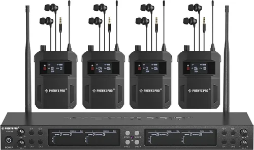 Sistema de monitorización inalámbrico en el oído Phenyx Pro de cuatro canales, sistema IEM mono con 4 bodypacks, frecuencias UHF 4x25, montaje en