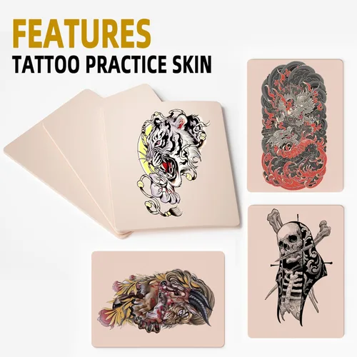 Miniatura 4 de Kit de piel de práctica de tatuajes en blanco, juego de 13 piezas con 3 pieles falsas de doble cara de 7.4 x 5.6 pulgadas y 10 papeles