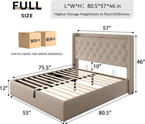Miniatura 2 de iPormis Base de cama de almacenamiento elevable de tamaño completo con estación de carga, base de cama de plataforma tapizada con cabecera capitoné