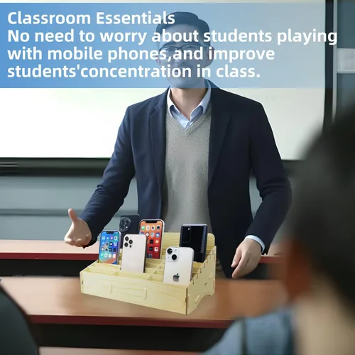Miniatura 2 de HengTianMei Soporte para teléfono celular de 24 rejillas, organizador de bolsillo para aula, caja de almacenamiento de madera, soporte
