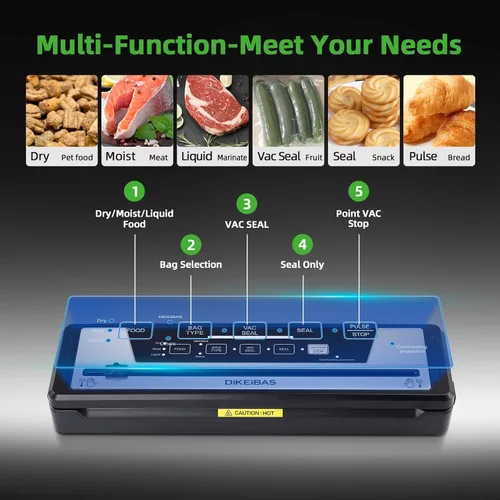 Miniatura 7 de Máquina selladora al vacío DIKEIBAS con 10 bolsas y rollo de bolsa de 10 pies Potente succión de 85kPa Sellador automático de alimentos