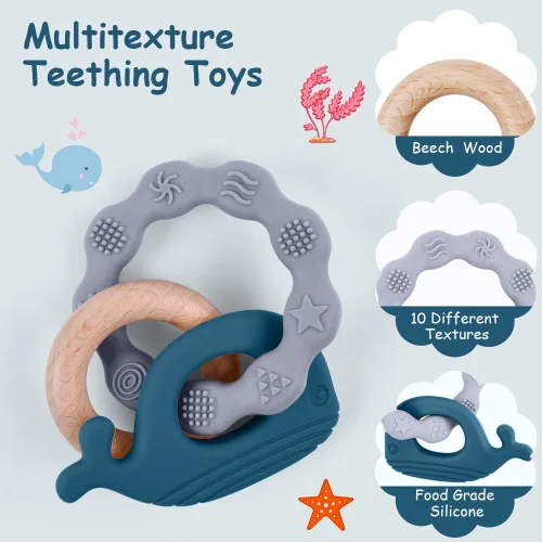 Miniatura 3 de Vicloon Juguetes mordedores para bebés, anillo de silicona y madera natural, juguetes de dentición para bebés de más de 3 meses, anillos masticables
