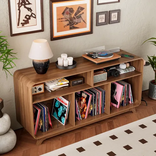 Miniatura 6 de Soporte para tocadiscos con armario de almacenamiento de vinilo con estación de carga y puertos USB, mesa giratoria con capacidad para hasta 350