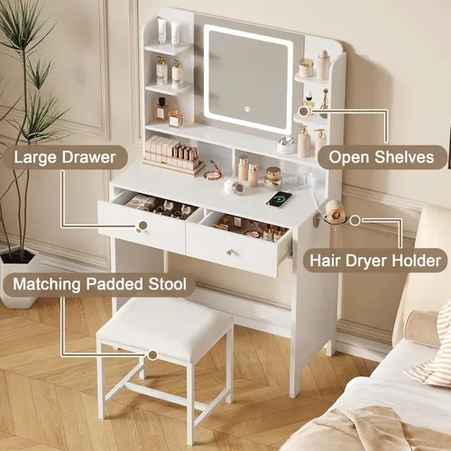 Miniatura 5 de Tocador blanco con espejo iluminado, 8 estantes, 2 cajones, estación de carga, soporte para secador de pelo y taburete, espejo LED con 3 modos de luz