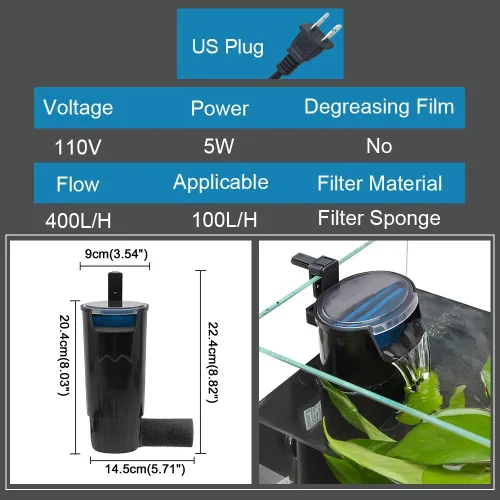 Miniatura 7 de Senzeal Filtro de tortuga para acuario, silencioso, bomba de filtro de bajo nivel de agua, 5 W, 400 L/H, filtro interno para tanque de peces