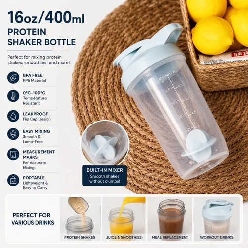 Miniatura 4 de ChezMax Shaker Bottle for Protein Powder (BPA free),PP5 Leakproof Mixer Cup with Built-In Mixing Blade, Portable Workout Shaker for Protein, Negro