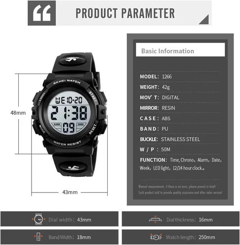 Miniatura 3 de FIZILI Reloj digital deportivo impermeable para niños, reloj despertador de 1224 H, cronómetro, calendario de 3 a 15 años, reloj de pulsera
